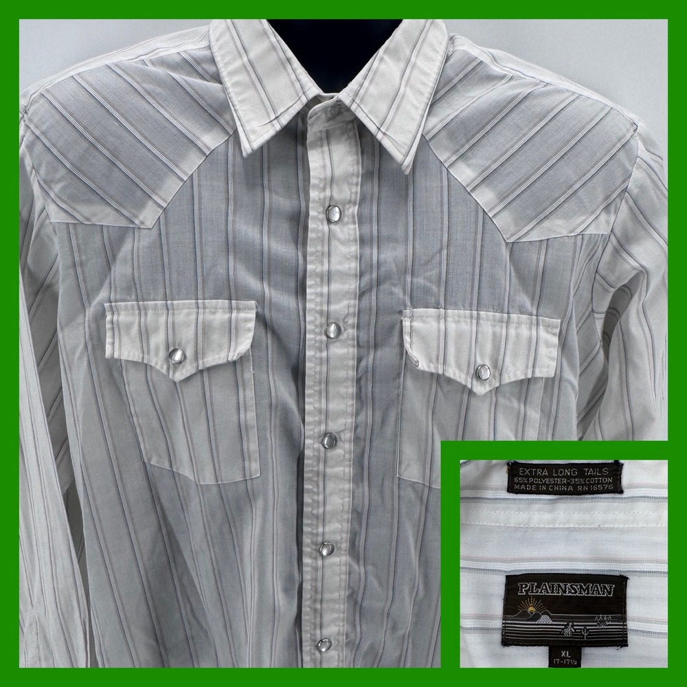 Vintage Plainsman Mens XL Extra Long Tails Western Snap Button Shirt Gray Stripe